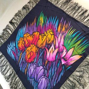 VINTAGE SILK SCARF, FRINGE & FLOWERS
